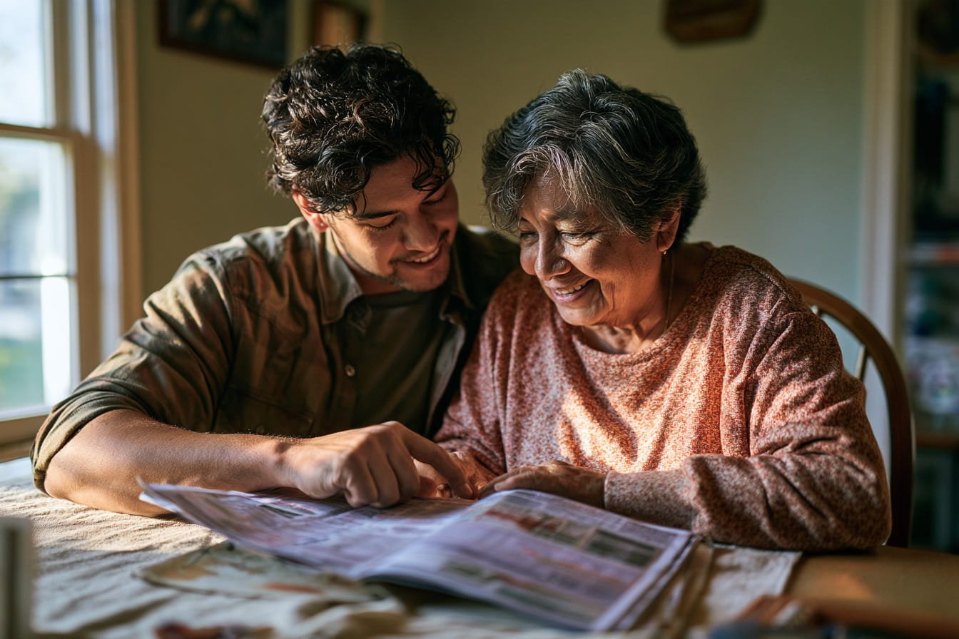 Adult son helping his mother study together at home