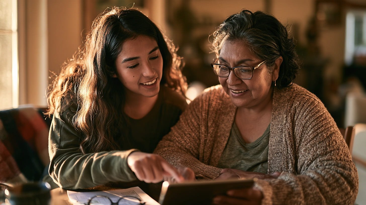 An adult daughter helping her mother with paperwork at the kitchen table